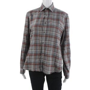 WNU Womens Basic Linen Plaid Button-Up Long Sleeve Collared Shirt Size 6